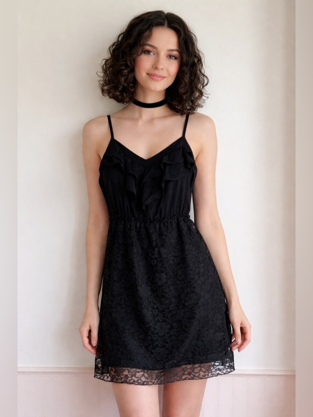 Black Lace Ruffle Mini Dress Medium Spaghetti Strap Whimsigoth Dark Fairy
